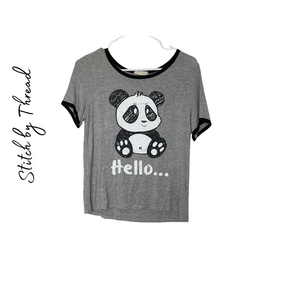 STITCH BY THREAD PANDA HELLO GOODBYE GRAY AND BLACK TSHIRT SZ L - Picture 1 of 3
